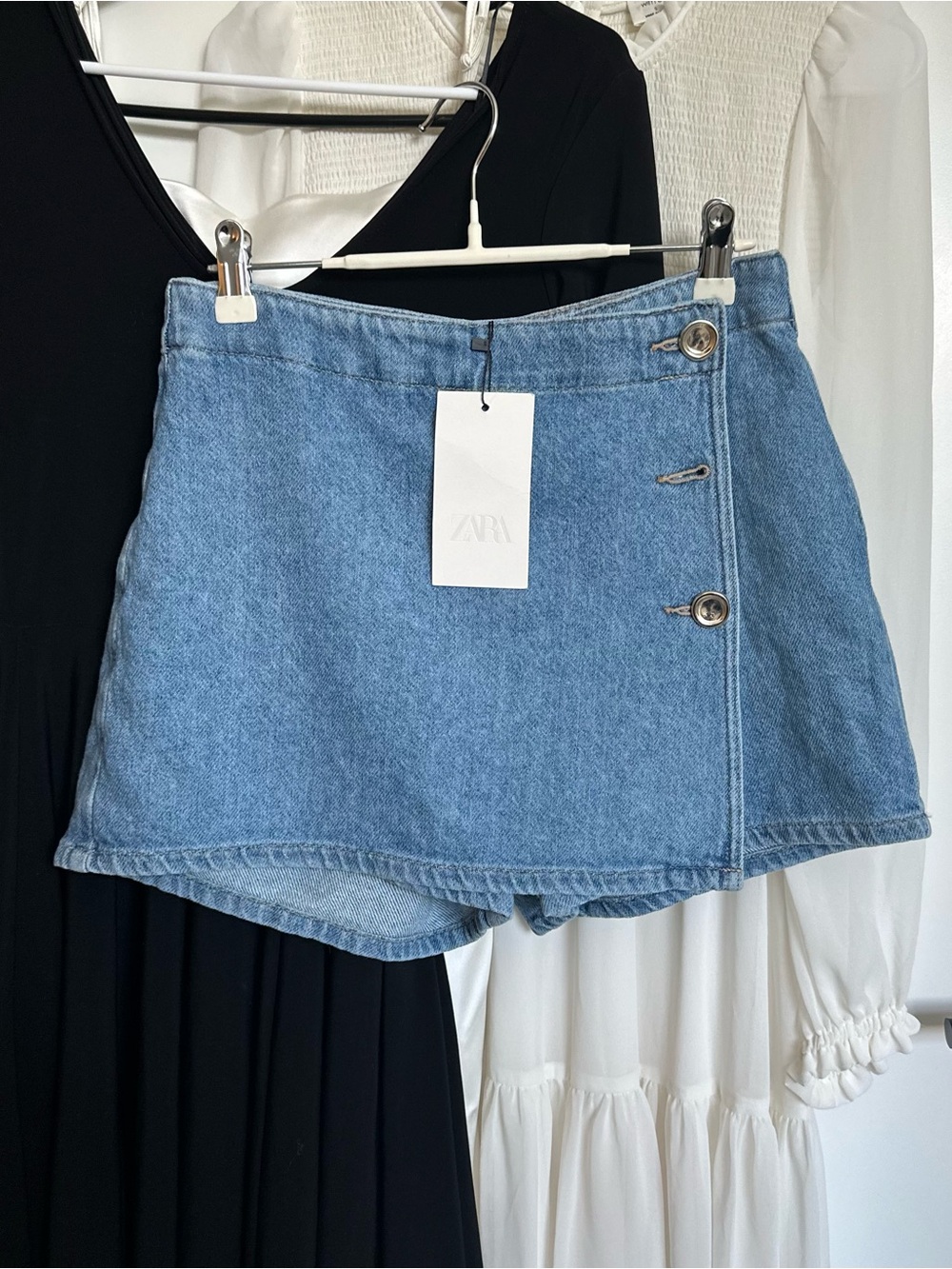 Zara Light Blue Denim Wrap-Style Skort with Side Button Detail